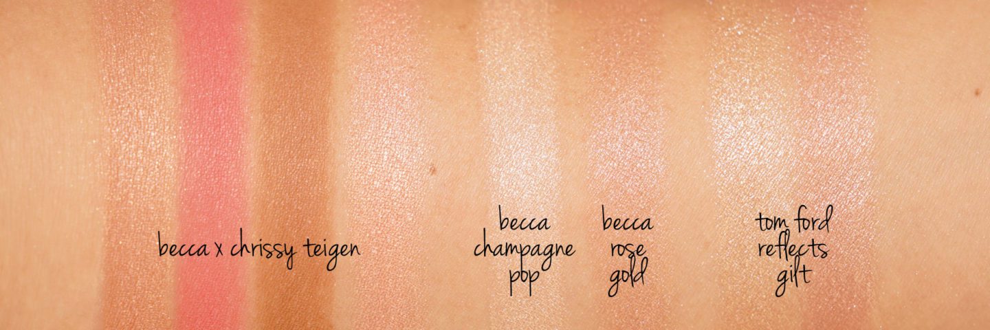 Becca x Chrissy Teigen Palette v Becca Champagne Pop, Rose Gold and Tom Ford Reflects Gilt | Skin Glow Find