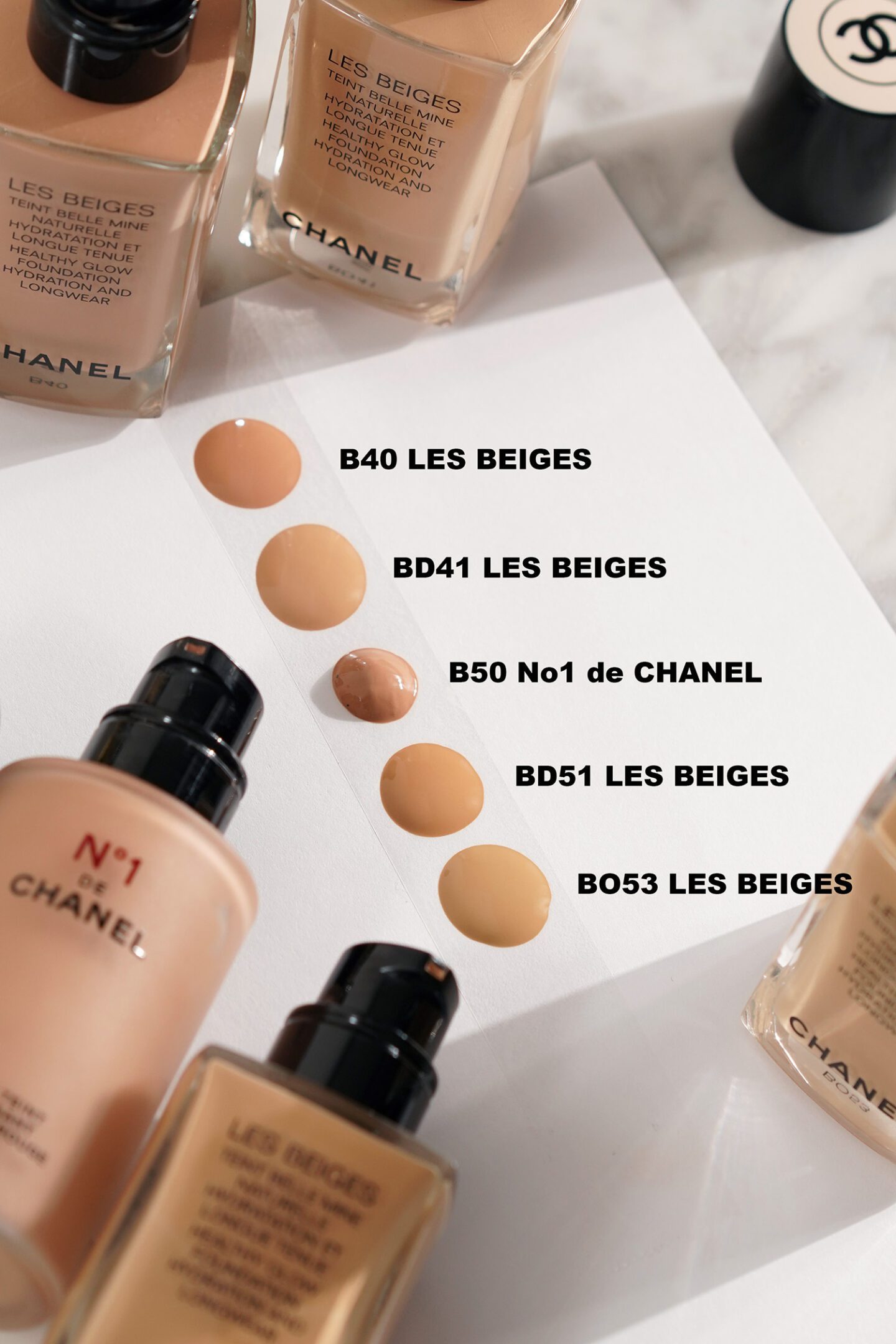 Chanel Foundation Swatches B40, BD41, B50, BD51 and BO53